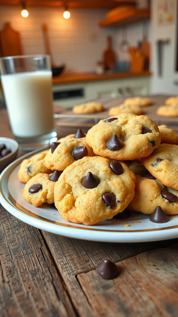A plate of warm chocolate chip cookies with melting chocolate chips, served with a glass of milk.
